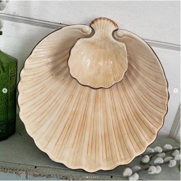 Vintage Fitz & Floyd Chip and Dip Clam Shell Bowl Striped Seashell Beach Pottery - Picture 3 of 8